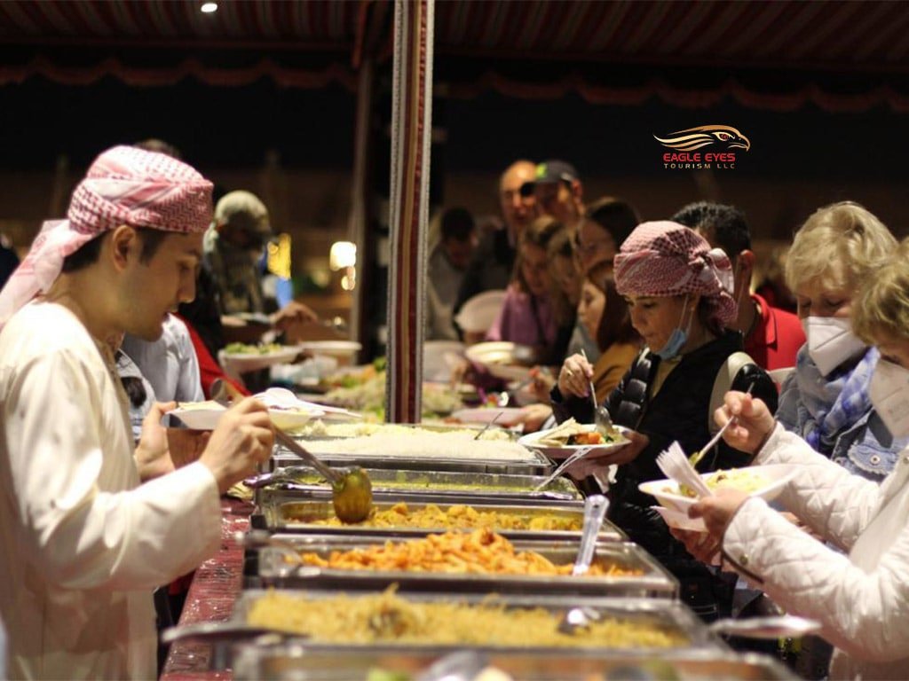 Guest Taking food with BBQ Buffet Dinner in Luxury Desert Safari Dubai